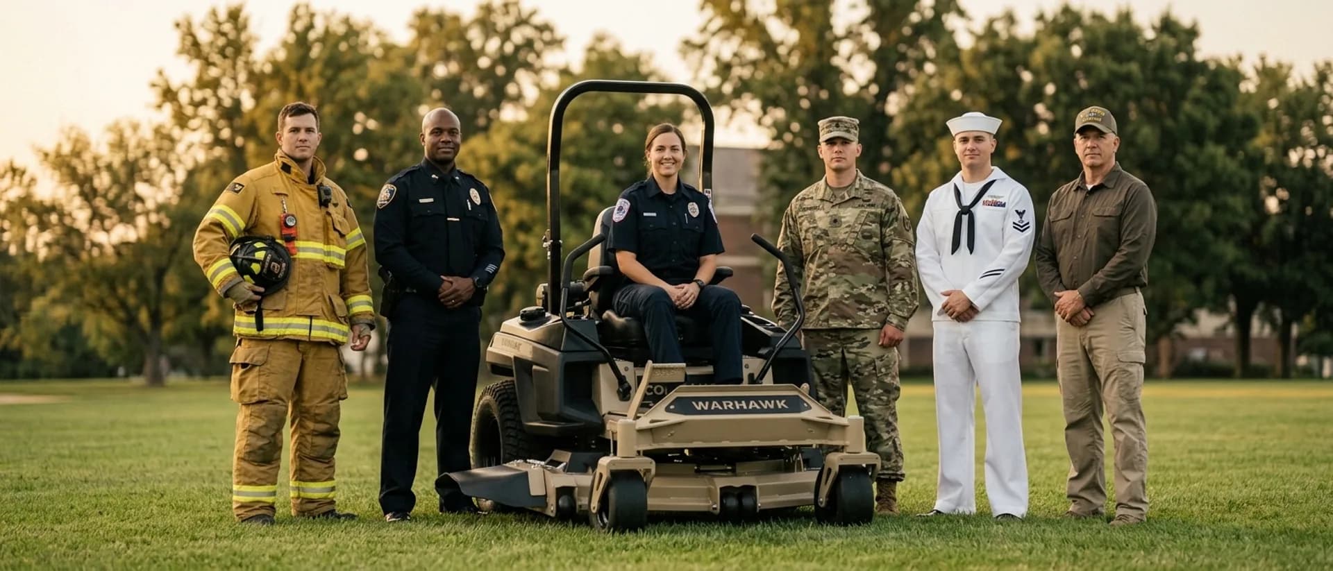 Warhawk Commander Pro mower with military service members, first responders, and veterans on an open field