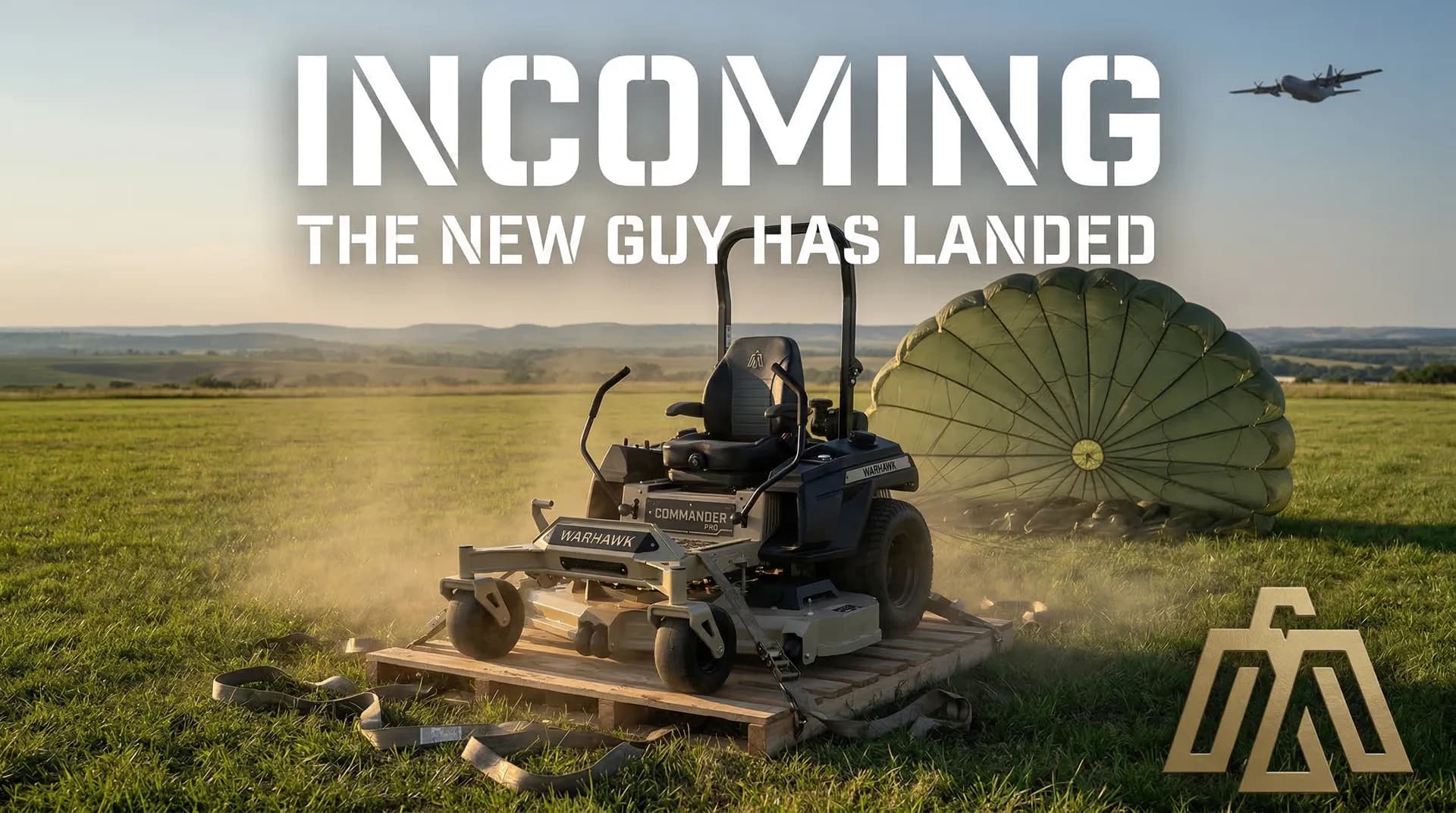 Warhawk mower landing on a field with parachute